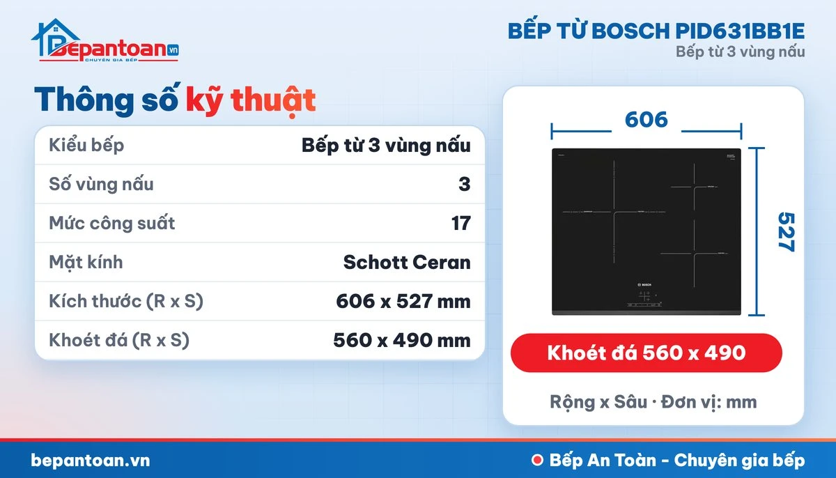Bếp từ Bosch PID631BB1E - thông số kỹ thuật