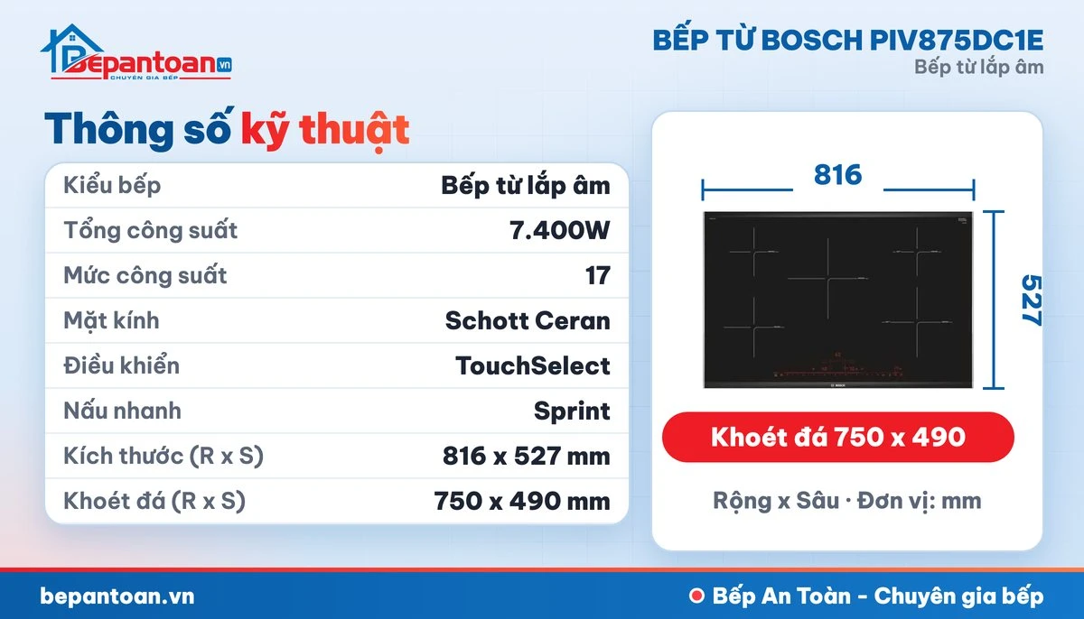 Bếp từ Bosch PIV875DC1E - thông số kỹ thuật