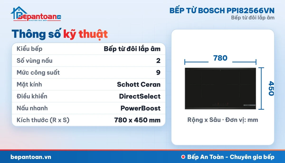 Bếp từ Bosch PPI82566VN - thông số kỹ thuật