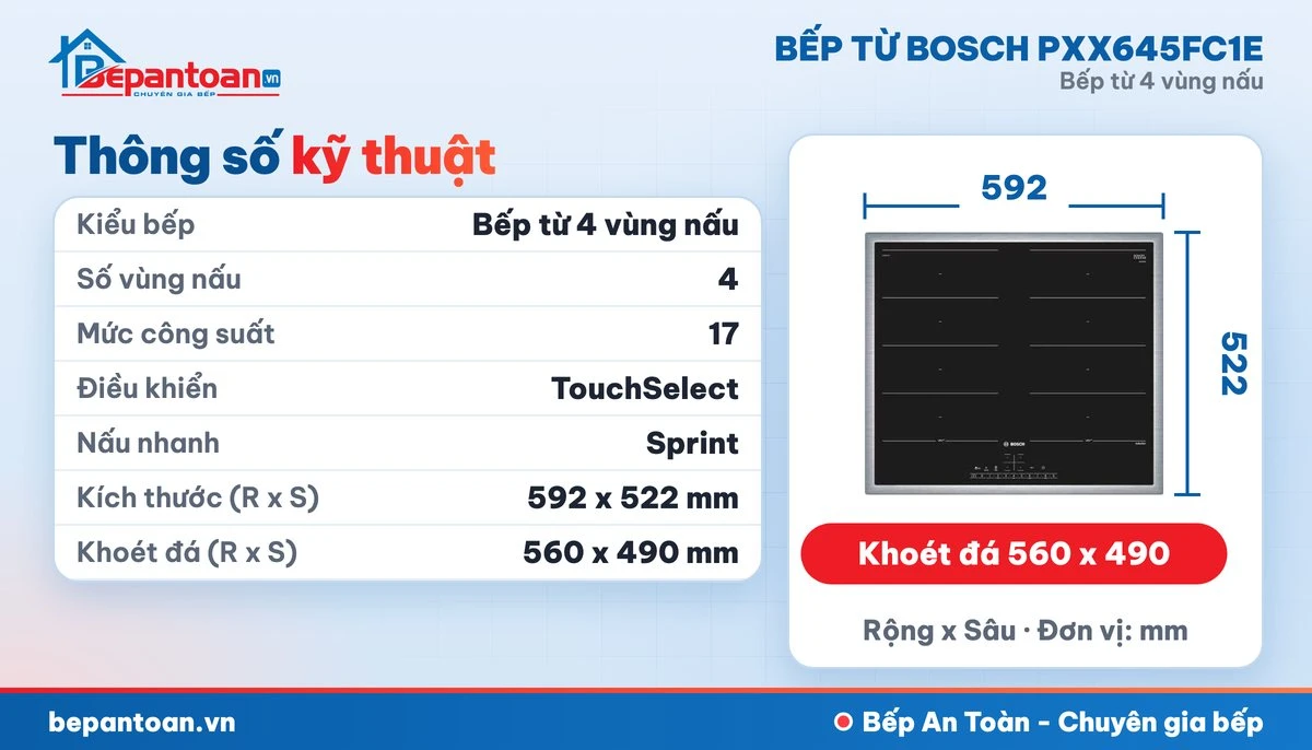Bếp từ Bosch PXX645FC1E - thông số kỹ thuật