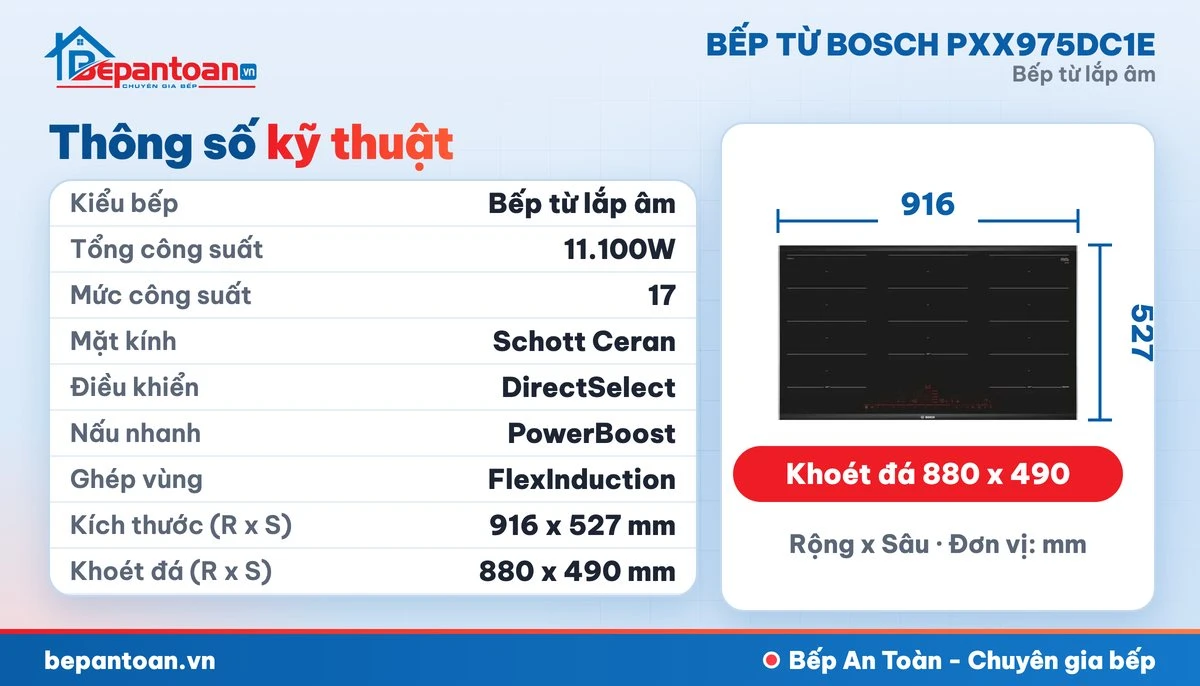 Bếp từ Bosch PXX975DC1E - thông số kỹ thuật