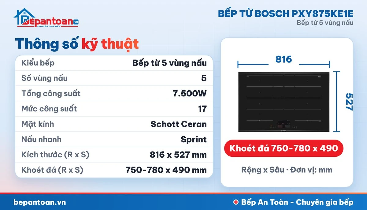 Bếp từ Bosch PXY875KE1E - thông số kỹ thuật