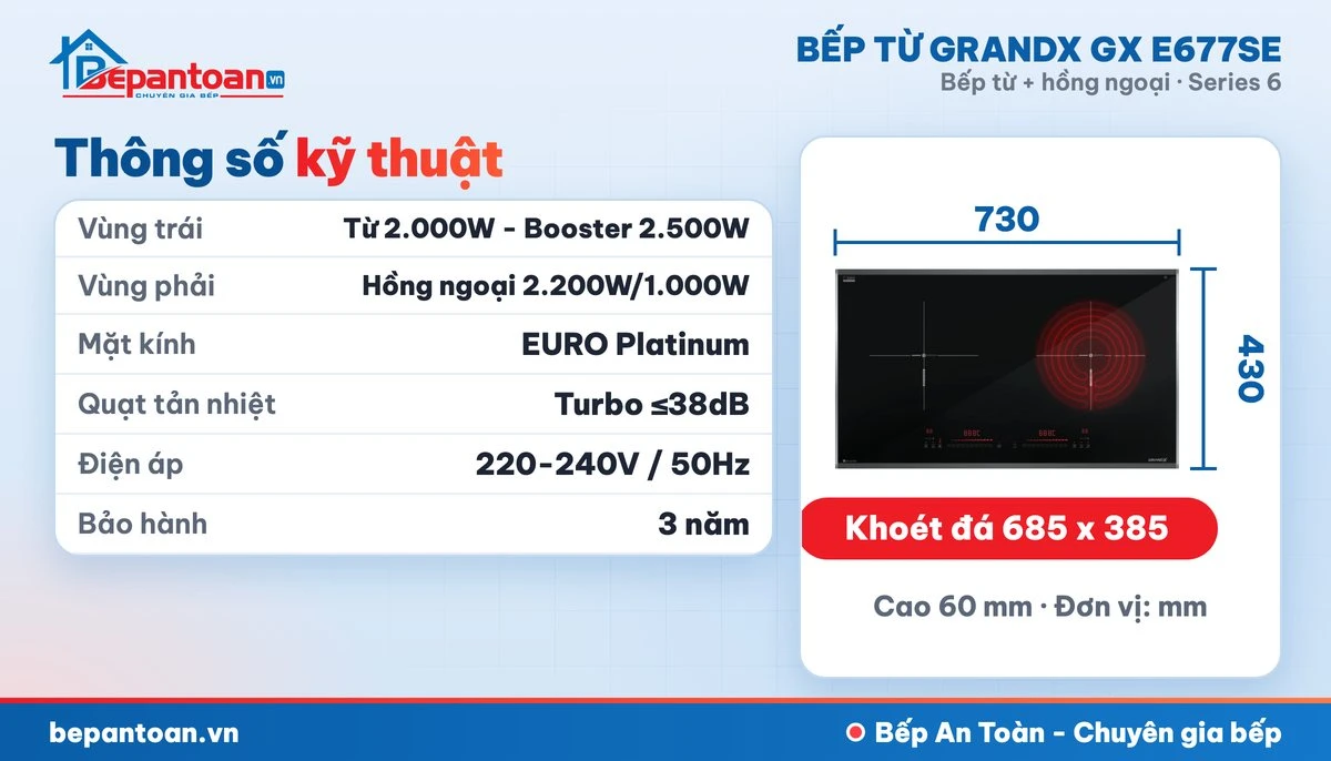 Bếp từ GrandX GX E677SE - thông số kỹ thuật, kích thước lắp đặt