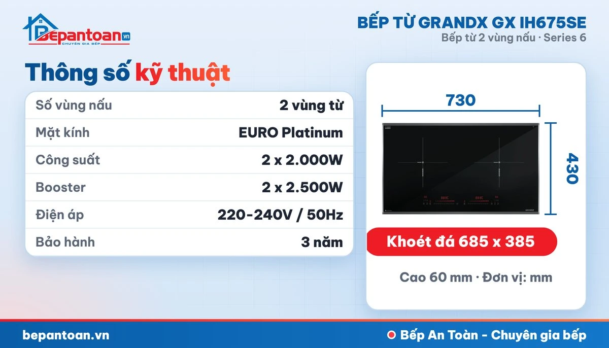 Bếp từ GrandX GX IH675SE - thông số kỹ thuật, kích thước lắp đặt