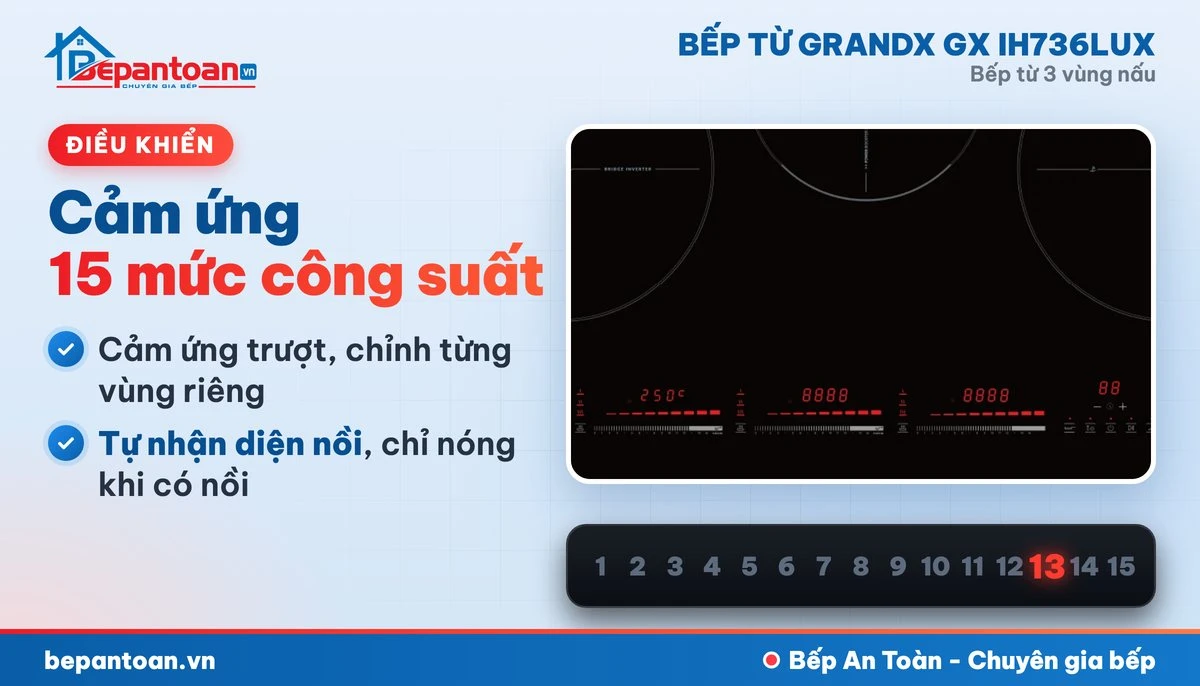 Bếp từ GrandX GX IH736LUX 3 vùng nấu - bảng điều khiển cảm ứng