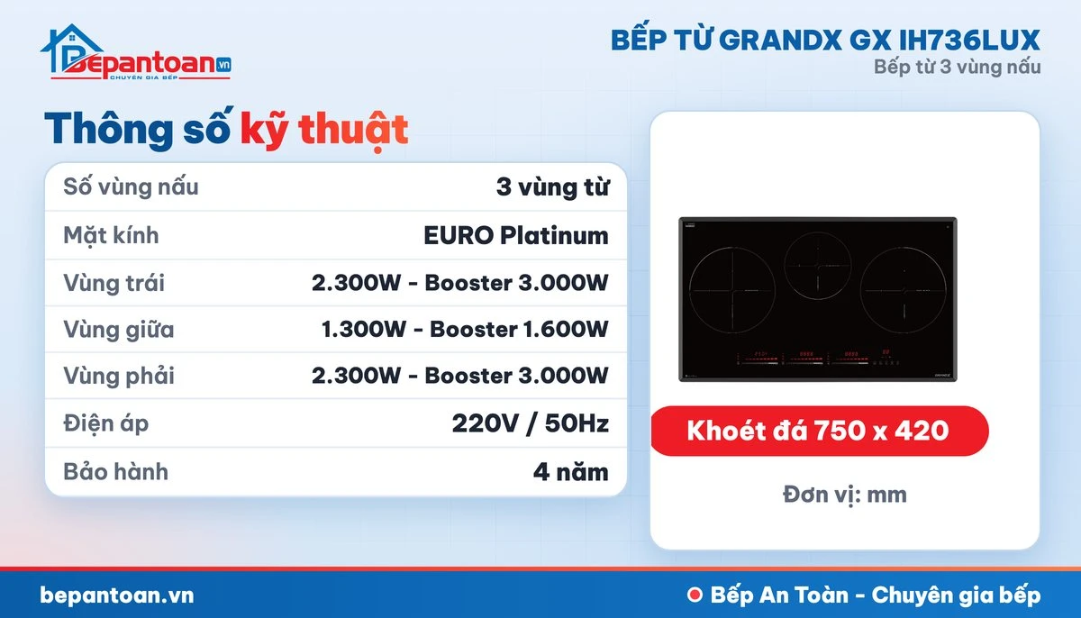 Bếp từ GrandX GX IH736LUX 3 vùng nấu - thông số kỹ thuật, kích thước lắp đặt