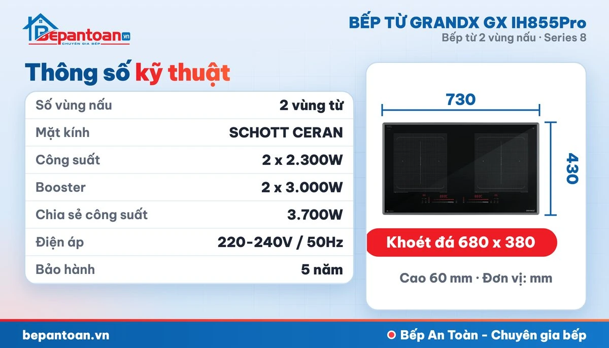 Bếp từ GrandX GX IH855Pro - thông số kỹ thuật, kích thước lắp đặt