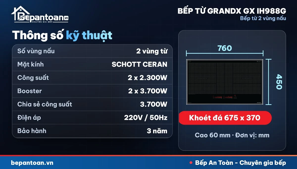 Bếp từ GrandX GX IH988G - thông số kỹ thuật, kích thước lắp đặt