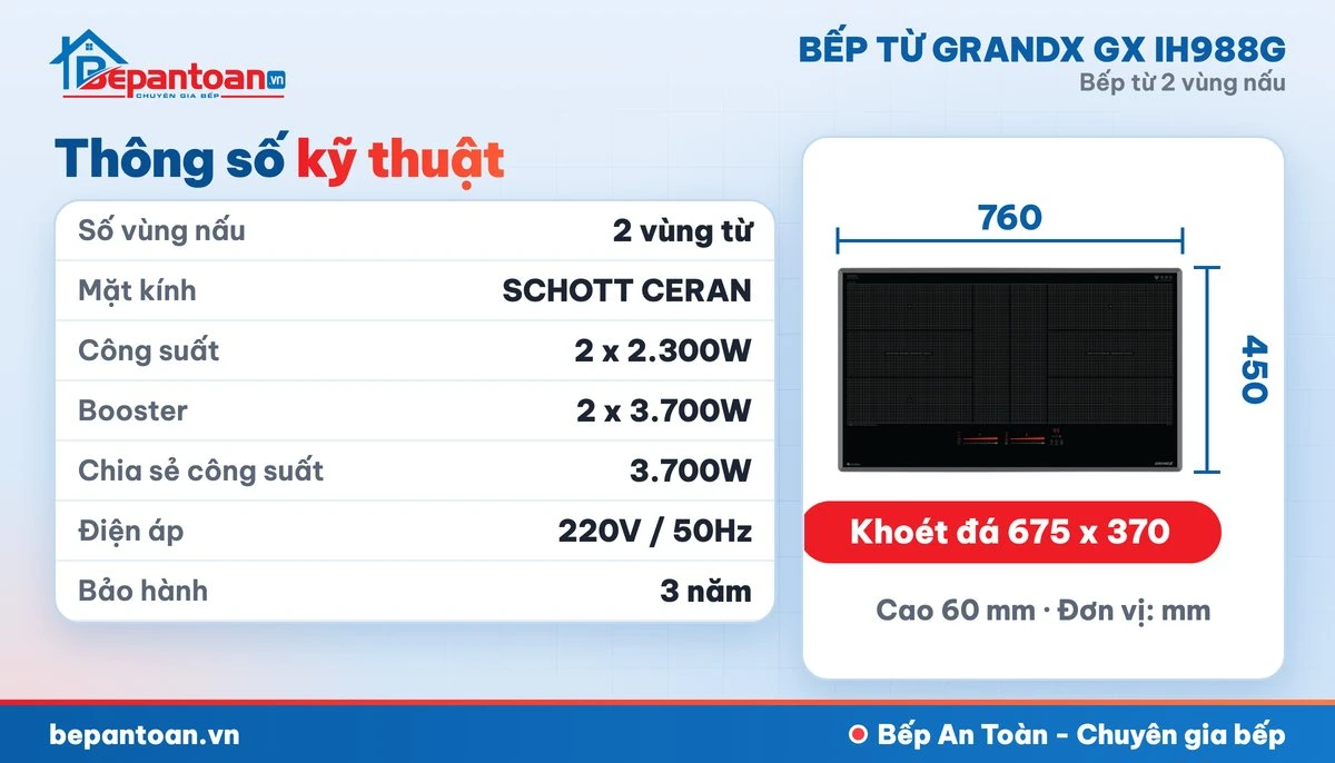 Bếp từ GrandX GX IH988G - thông số kỹ thuật, kích thước lắp đặt