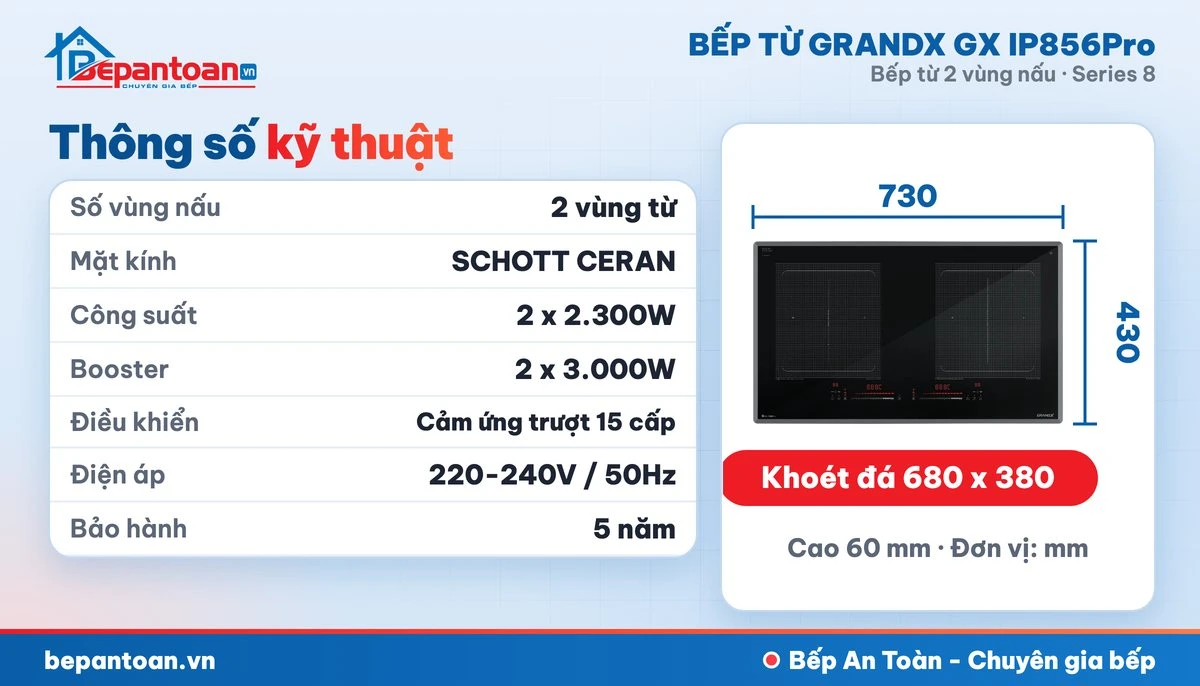 Bếp từ GrandX GX IP856Pro - thông số kỹ thuật, kích thước lắp đặt