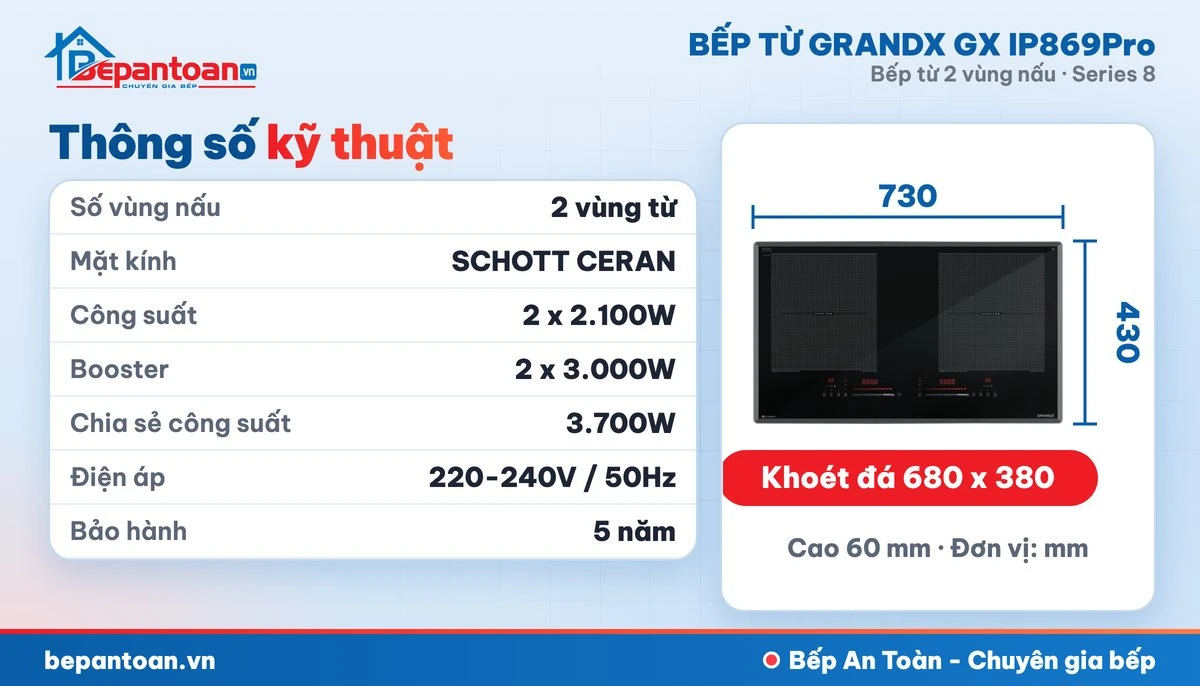 Bếp từ GrandX GX IP869Pro - thông số kỹ thuật, kích thước lắp đặt