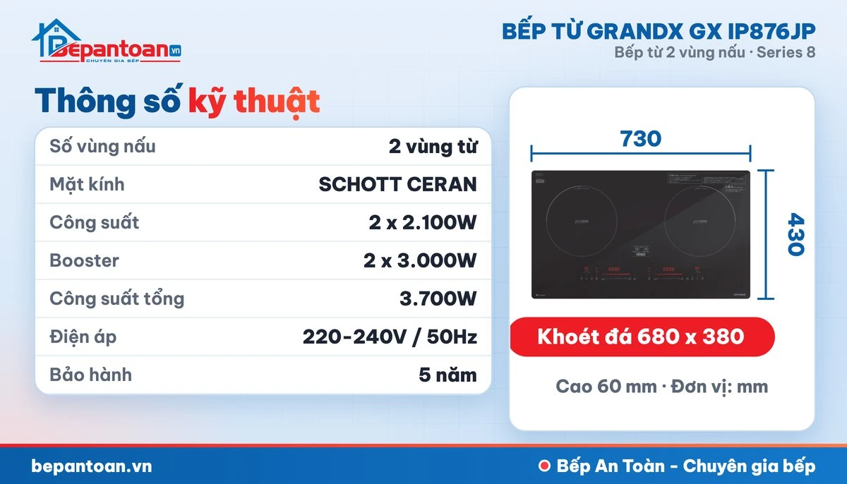Bếp từ GrandX GX IP876JP - thông số kỹ thuật, kích thước lắp đặt