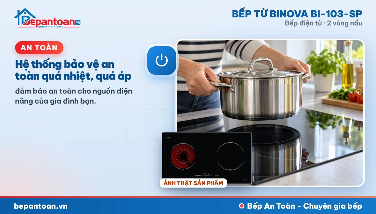 Bếp điện từ Binova BI-103-SP - Hệ thống bảo vệ an toàn quá nhiệt, quá áp