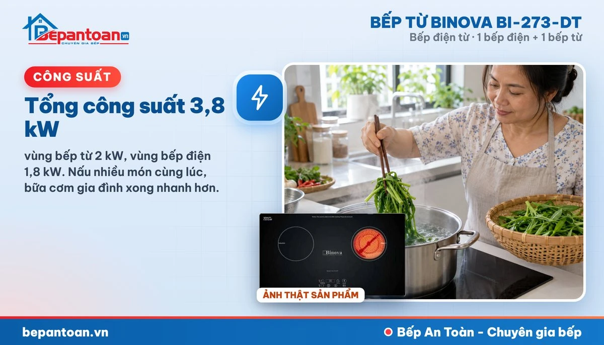 Bếp điện từ Binova BI-273-DT - Tổng công suất 3,8 kW