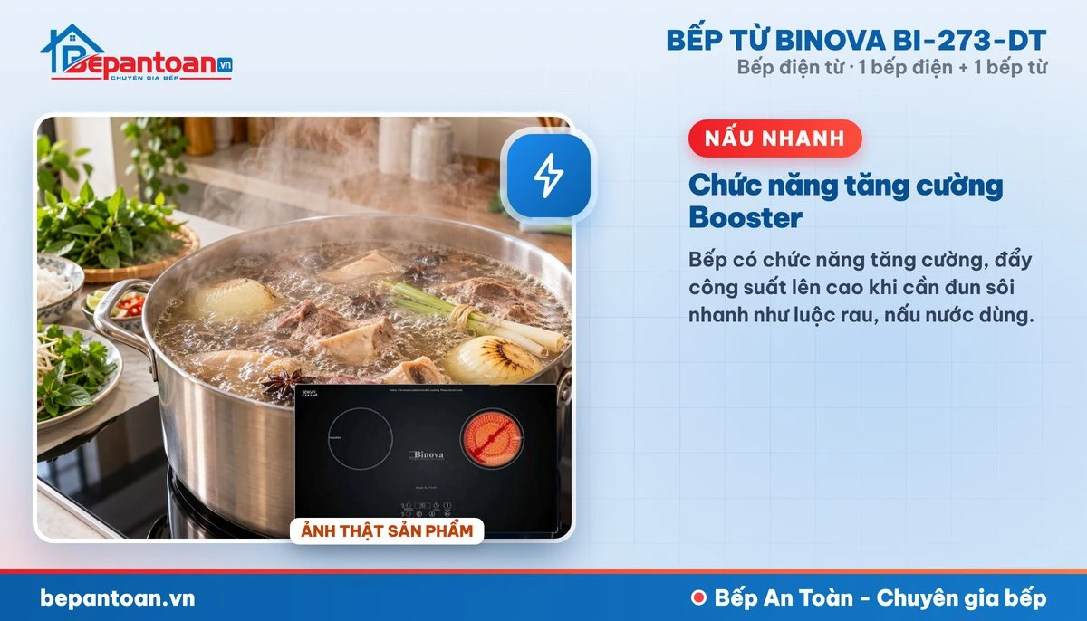 Bếp điện từ Binova BI-273-DT - Chức năng tăng cường Booster