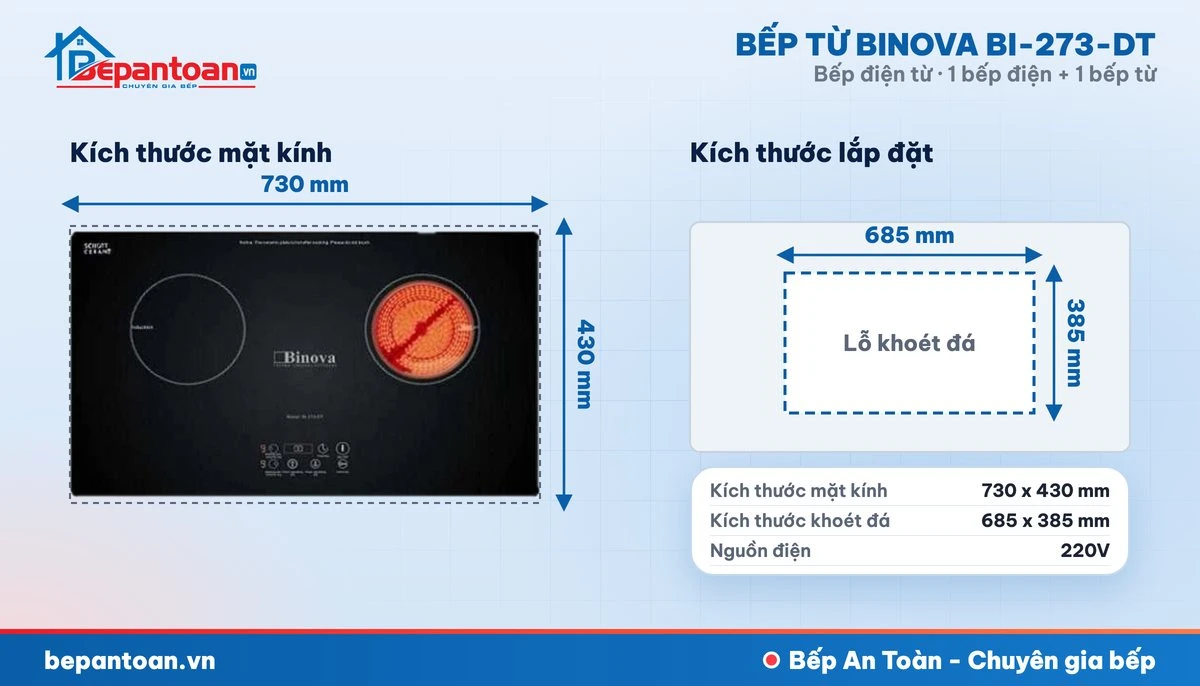 Bếp điện từ Binova BI-273-DT - bản vẽ kích thước