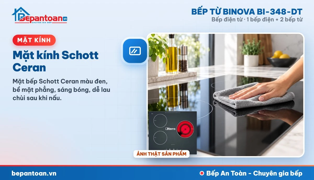 Bếp điện từ Binova BI-348-DT - Mặt kính Schott Ceran