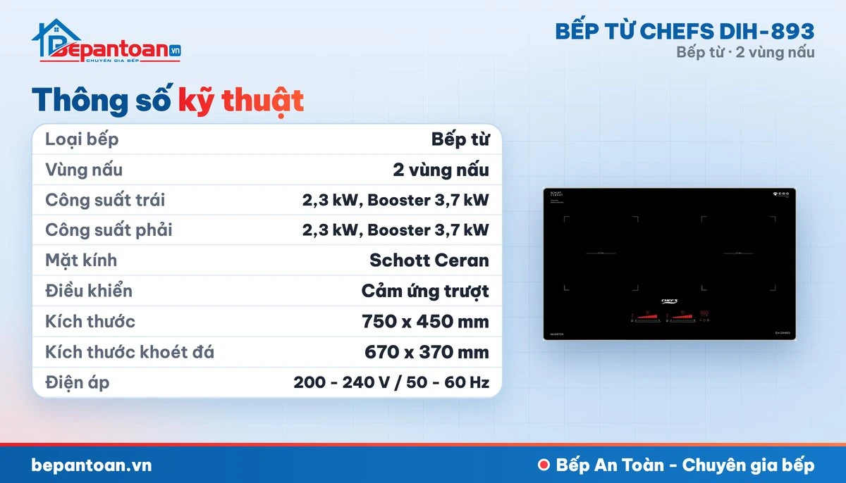 Bếp từ Chefs DIH-893 - thông số kỹ thuật