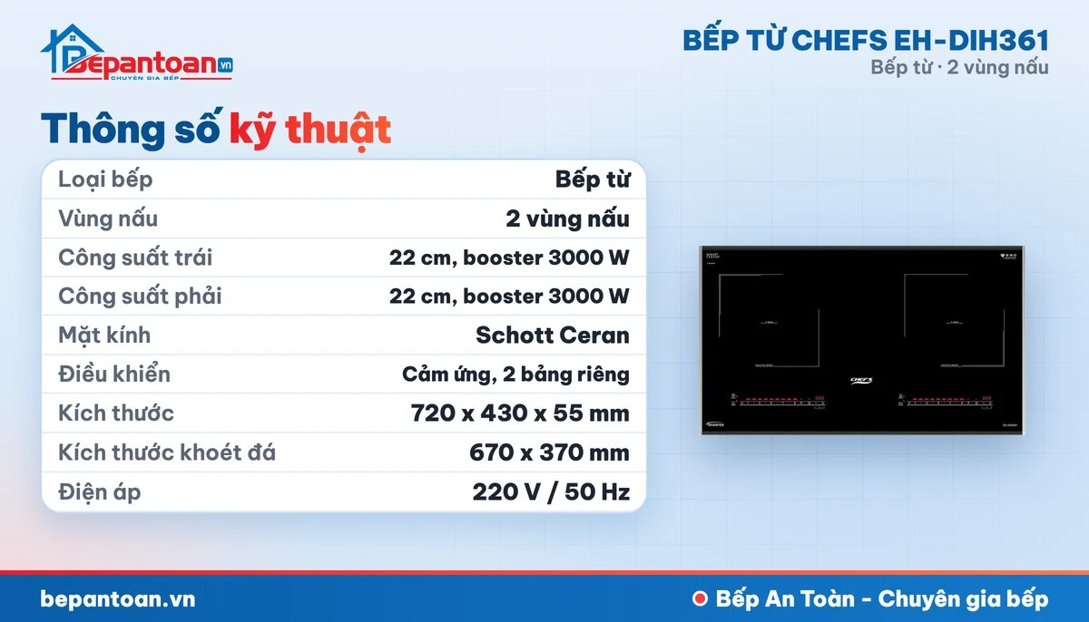 Bếp từ Chefs EH-DIH361 - thông số kỹ thuật