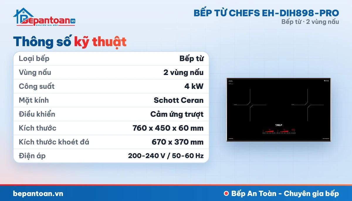 Bếp từ Chefs EH-DIH898-PRO - thông số kỹ thuật