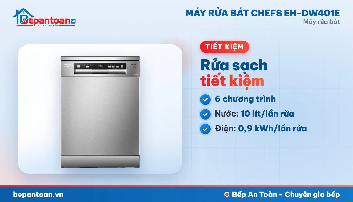 Máy rửa bát Chefs EH-DW401E - 6 chương trình rửa, tiết kiệm điện nước