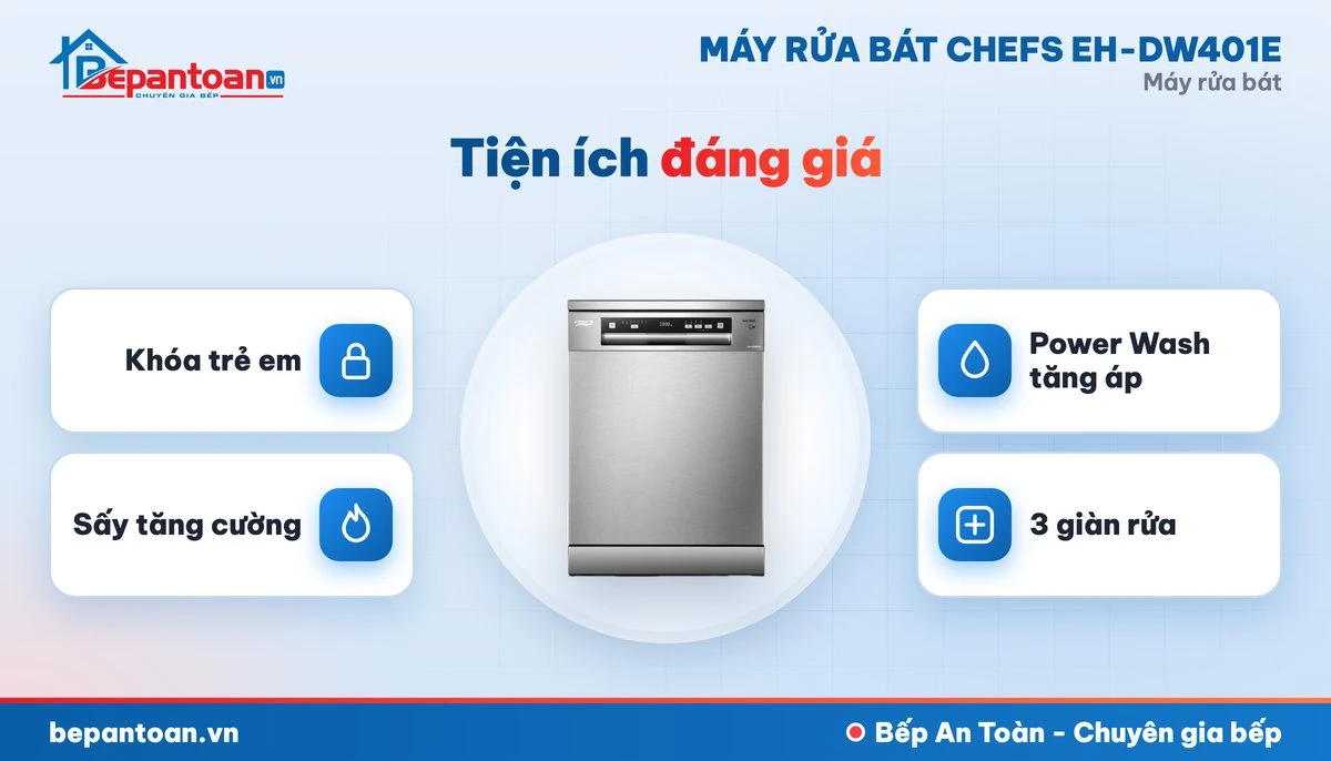 Máy rửa bát Chefs EH-DW401E - diệt khuẩn, sấy khô và an toàn