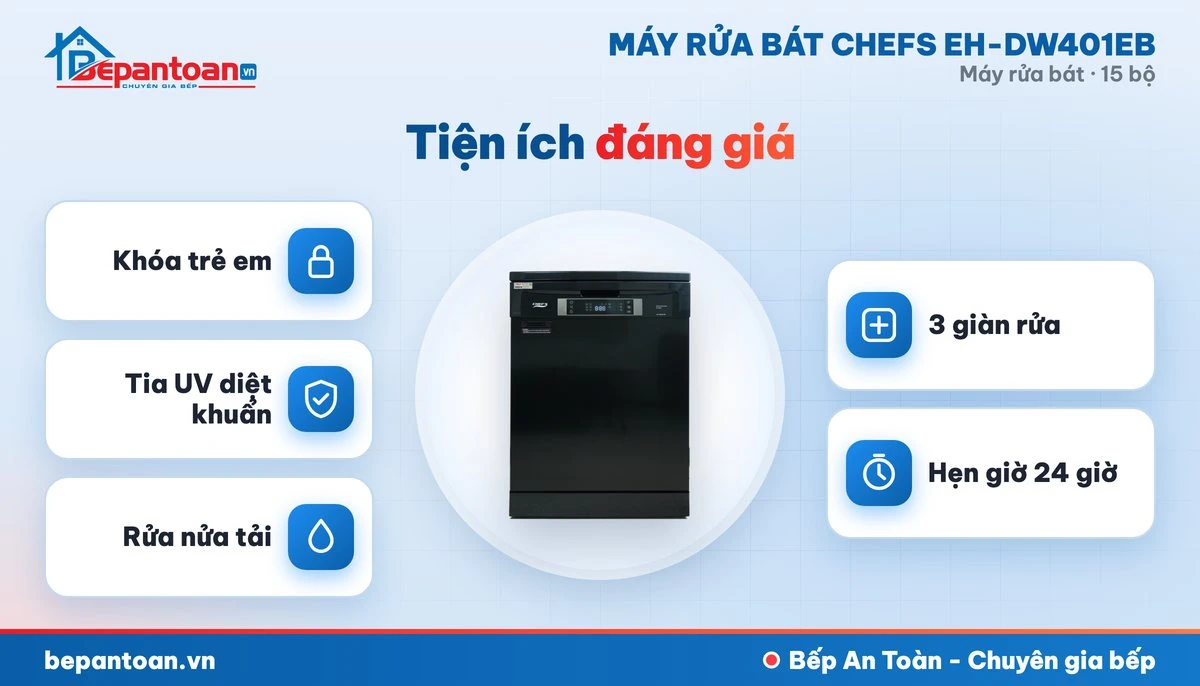Máy rửa bát Chefs EH-DW401EB - diệt khuẩn, sấy khô và an toàn