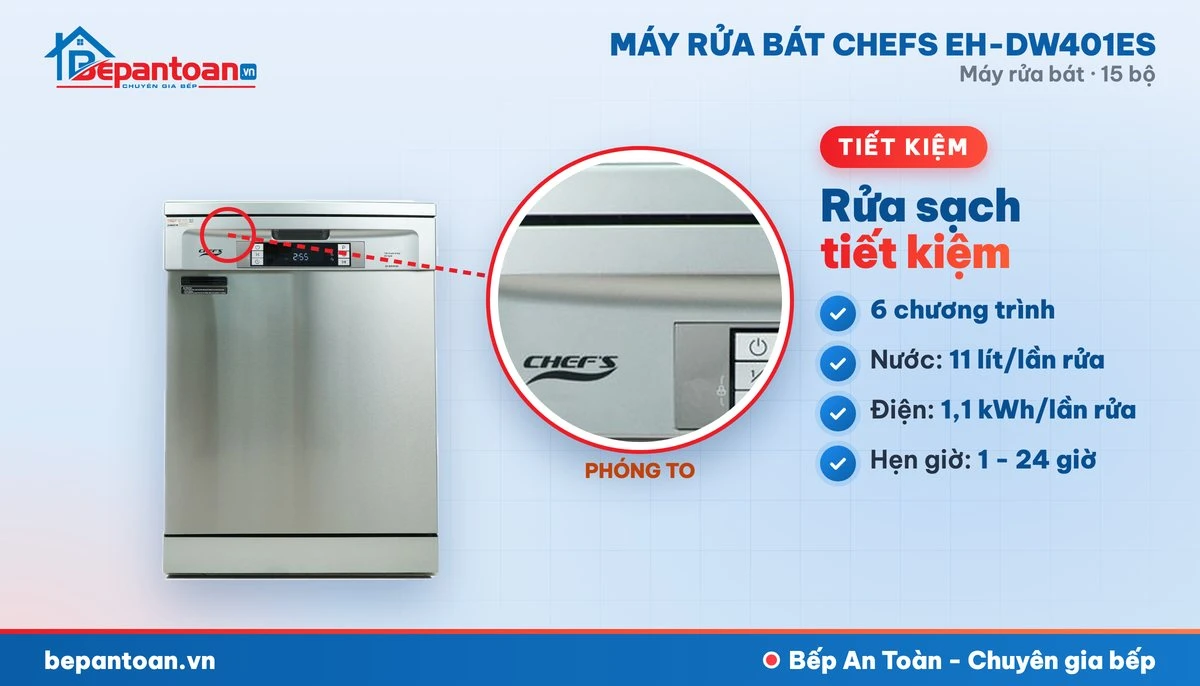 Máy rửa bát Chefs EH-DW401ES - 6 chương trình rửa, tiết kiệm điện nước