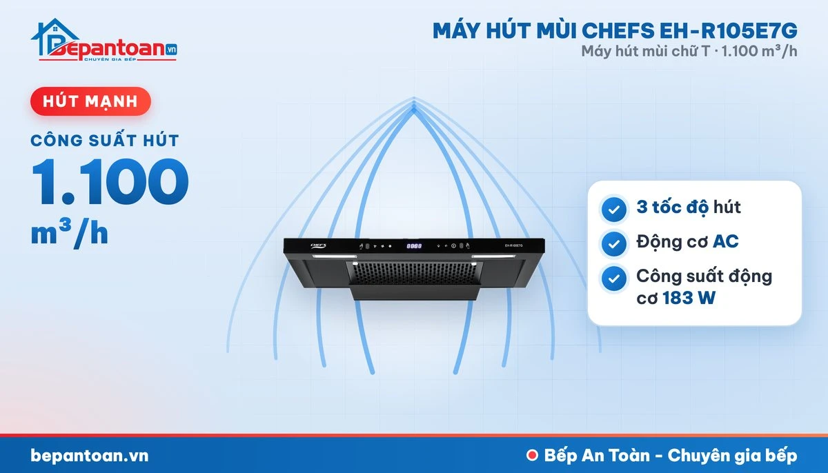 Máy hút mùi chữ T Chefs EH-R105E7G - hút mạnh 1.100 m³/h