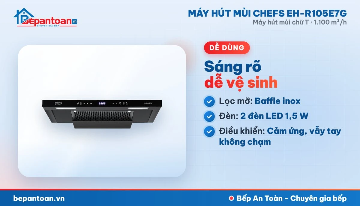 Máy hút mùi chữ T Chefs EH-R105E7G - lọc mỡ, đèn chiếu sáng, điều khiển