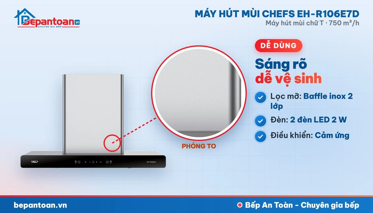 Máy hút mùi chữ T Chefs EH-R106E7D - lọc mỡ, đèn chiếu sáng, điều khiển