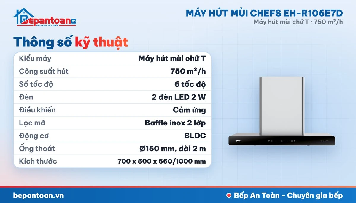 Máy hút mùi chữ T Chefs EH-R106E7D - thông số kỹ thuật