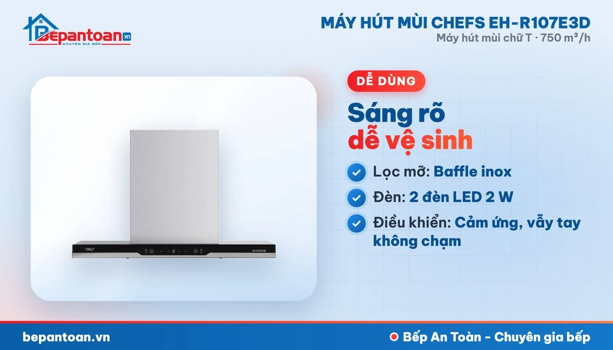 Máy hút mùi chữ T Chefs EH-R107E3D - lọc mỡ, đèn chiếu sáng, điều khiển