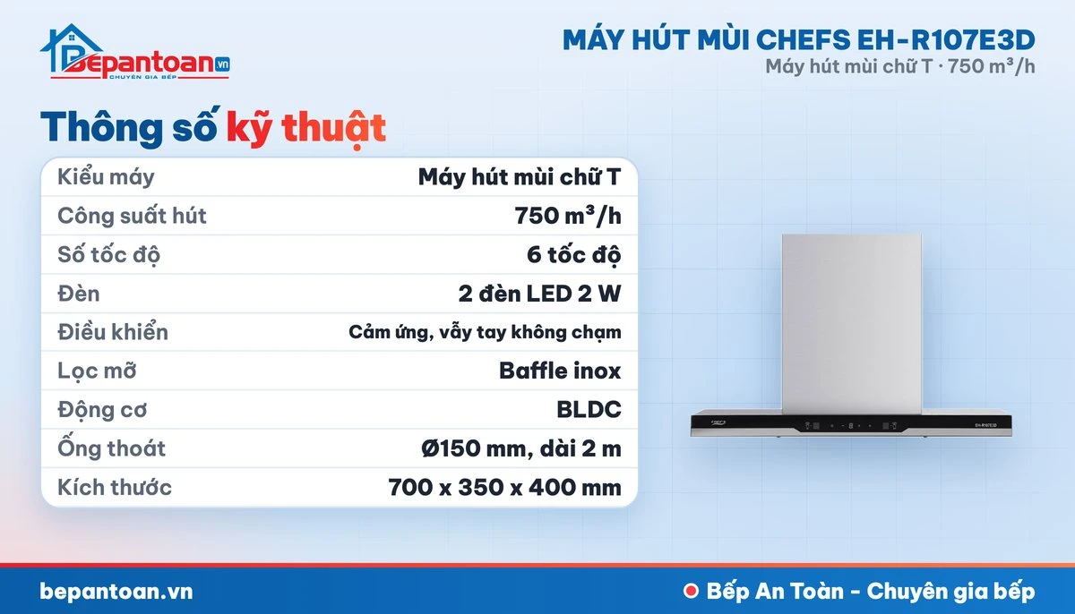 Máy hút mùi chữ T Chefs EH-R107E3D - thông số kỹ thuật