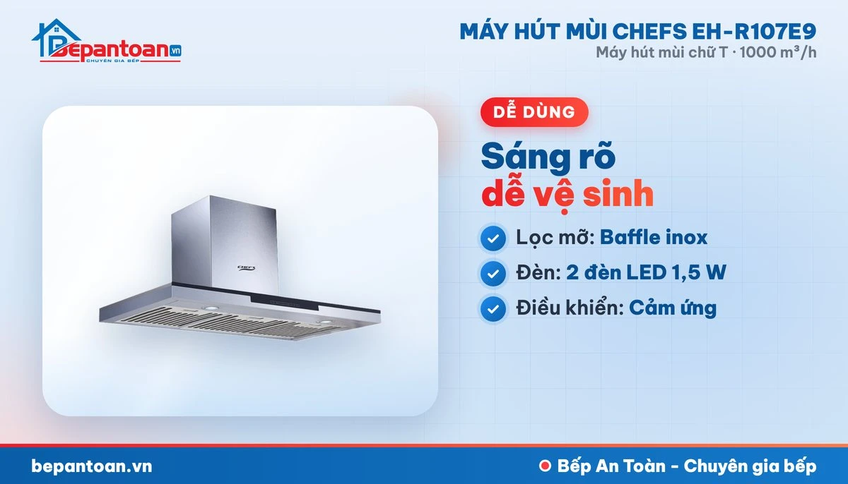 Máy hút mùi chữ T Chefs EH-R107E9 - lọc mỡ, đèn chiếu sáng, điều khiển
