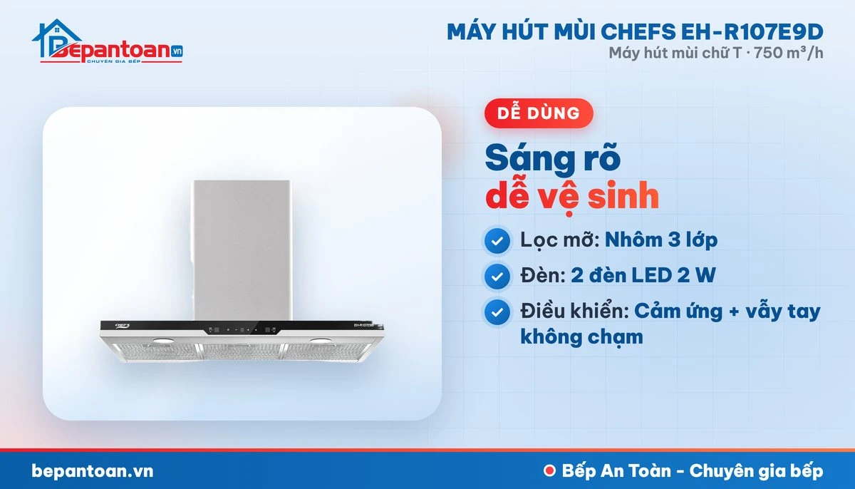 Máy hút mùi chữ T Chefs EH-R107E9D - lọc mỡ, đèn chiếu sáng, điều khiển