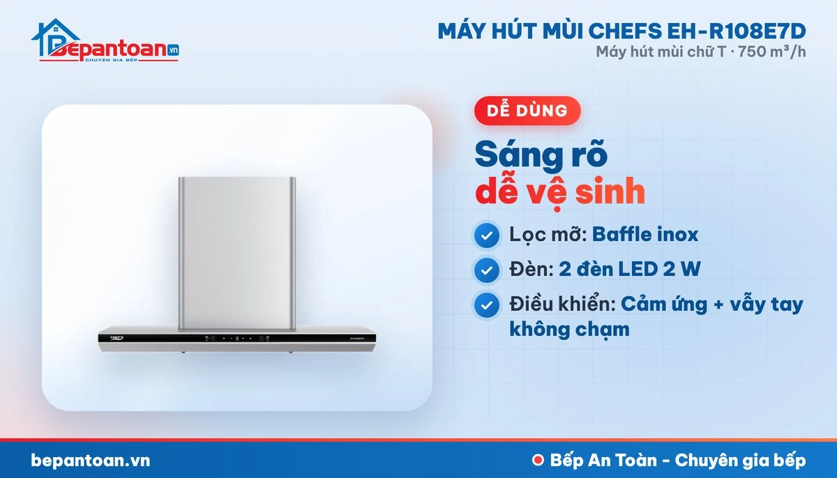 Máy hút mùi chữ T Chefs EH-R108E7D - lọc mỡ, đèn chiếu sáng, điều khiển