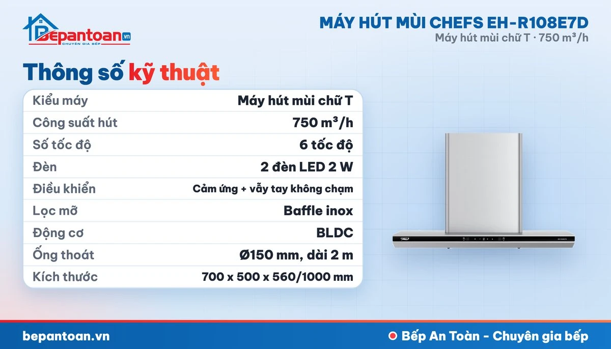 Máy hút mùi chữ T Chefs EH-R108E7D - thông số kỹ thuật
