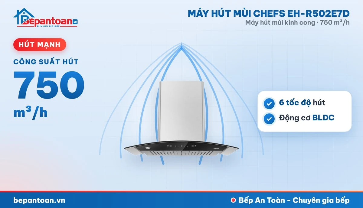 Máy hút mùi kính cong Chefs EH-R502E7D - hút mạnh 750 m³/h
