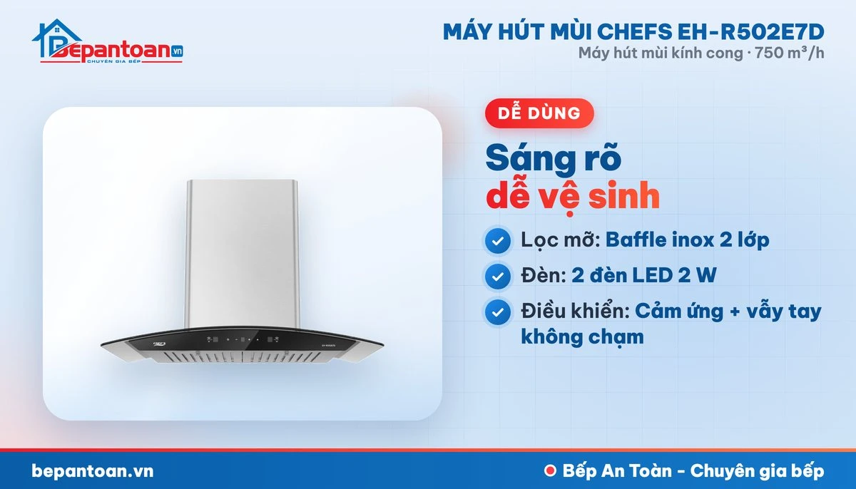 Máy hút mùi kính cong Chefs EH-R502E7D - lọc mỡ, đèn chiếu sáng, điều khiển