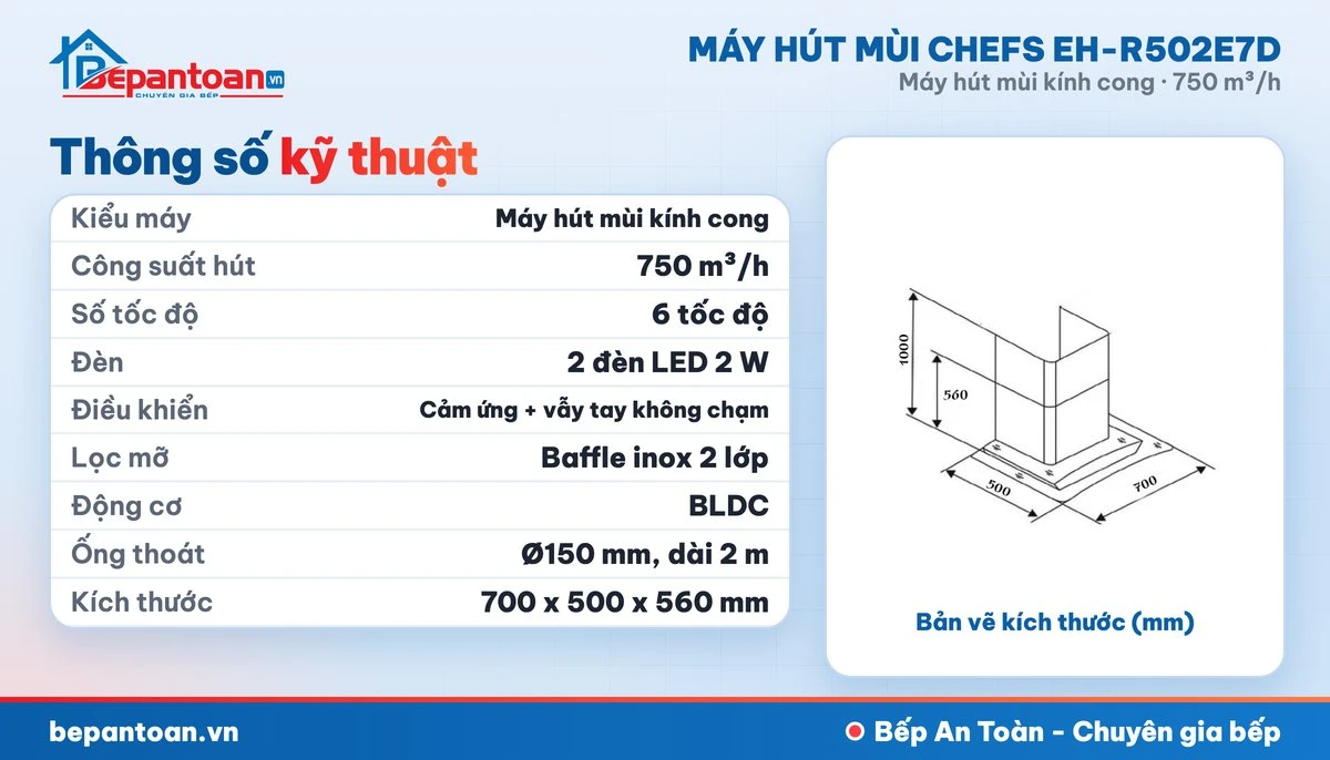 Máy hút mùi kính cong Chefs EH-R502E7D - thông số kỹ thuật