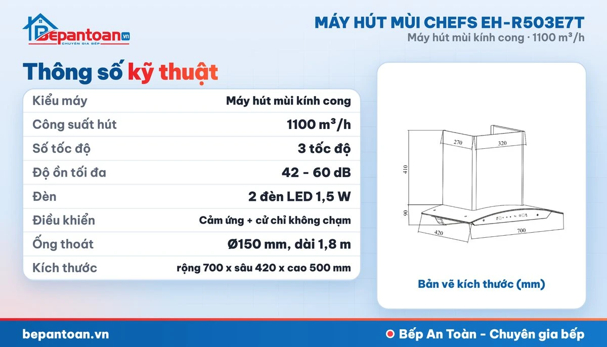 Máy hút mùi kính cong Chefs EH-R503E7T - thông số kỹ thuật