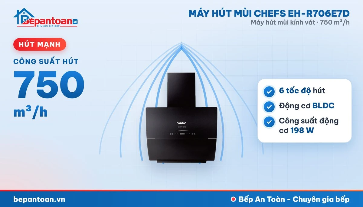 Máy hút mùi kính vát Chefs EH-R706E7D - hút mạnh 750 m³/h