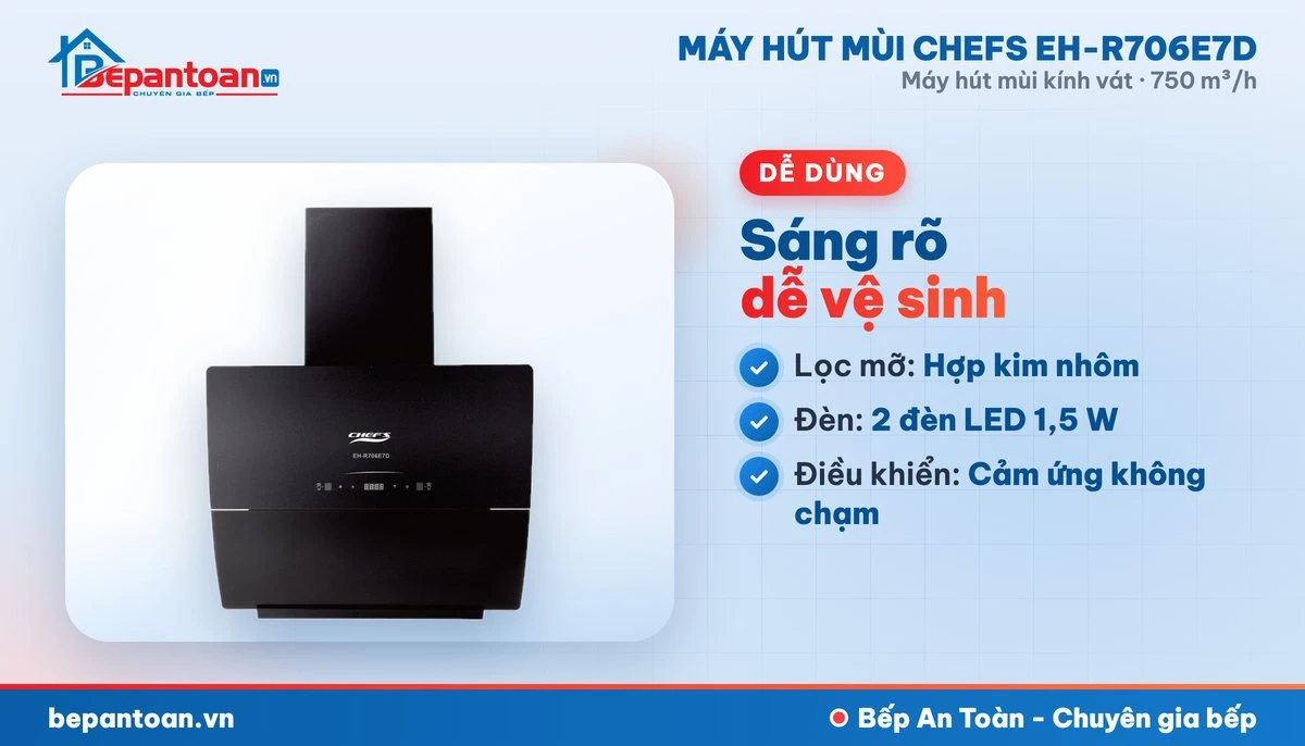 Máy hút mùi kính vát Chefs EH-R706E7D - lọc mỡ, đèn chiếu sáng, điều khiển