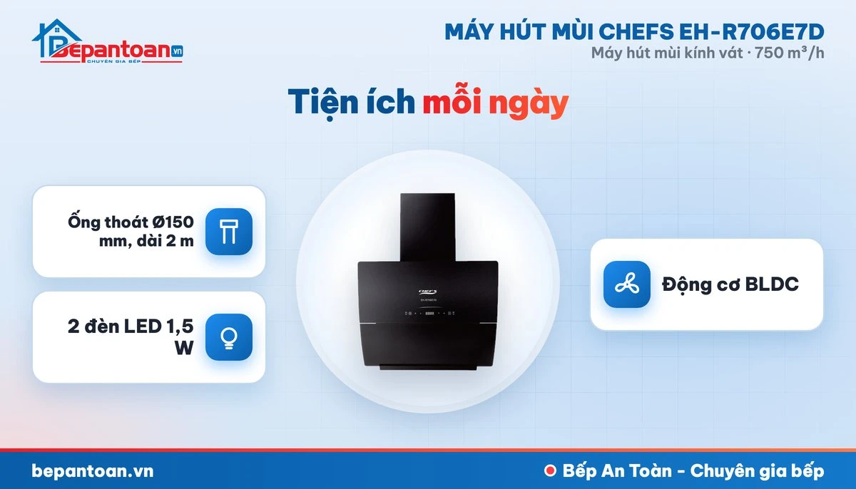 Máy hút mùi kính vát Chefs EH-R706E7D - tiện ích mỗi ngày