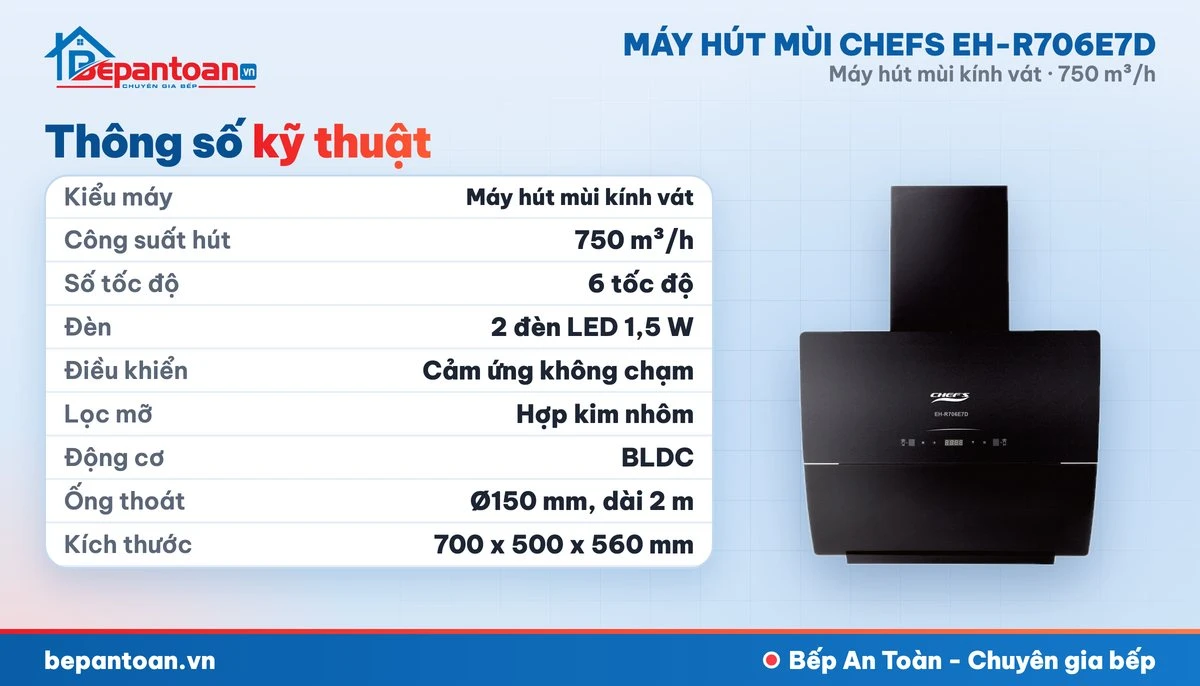 Máy hút mùi kính vát Chefs EH-R706E7D - thông số kỹ thuật