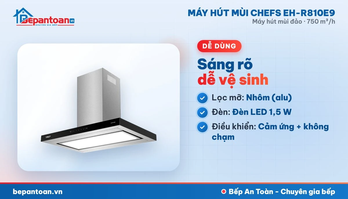 Máy hút mùi đảo Chefs EH-R810E9 - lọc mỡ, đèn chiếu sáng, điều khiển