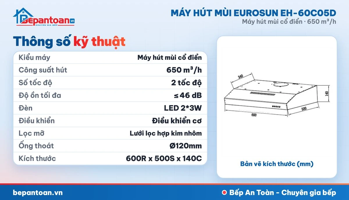 Máy hút mùi Eurosun EH-60C05D - thông số kỹ thuật