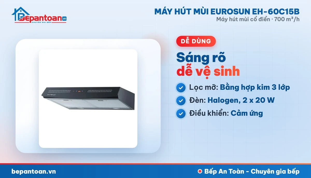 Máy hút mùi Eurosun EH-60C15B - lọc mỡ và đèn