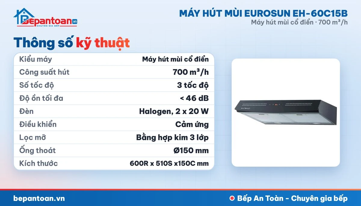 Máy hút mùi Eurosun EH-60C15B - thông số kỹ thuật